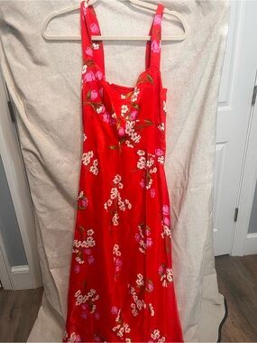 Maeve Bright Red anthropologie Maxi Dress with Pink & White Floral